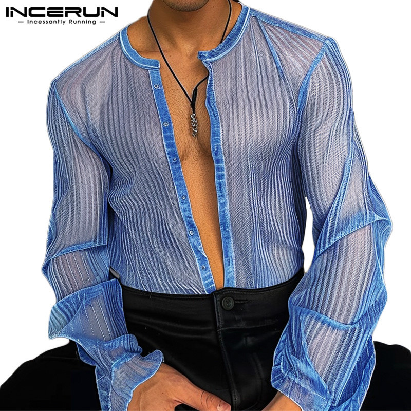 Incerun เสื้อเชิ้ตแขนยาวสีทึบผู้ชายแฟชั่นวินเทจซีทรู