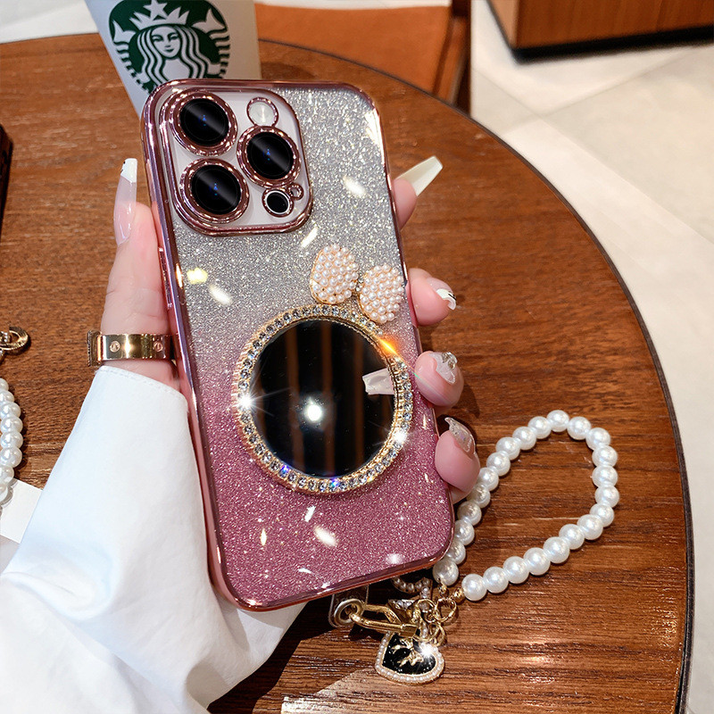 หรูหราglitterชุบiphone 12 Pro Max 12 Pro 12 11 Pro 11 Pro Maxเคสโทรศัพท์ฝาครอบโปร่งใสเปลือกมุกโบว์กระจกแต่งหน้าพร้อมสร้อยข้อมือ