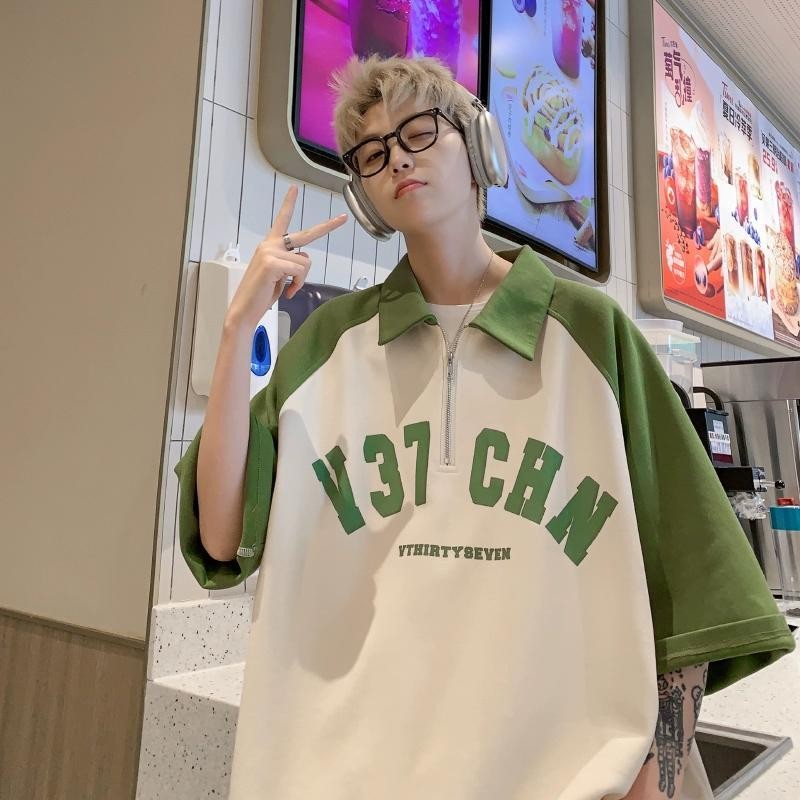 Street Wear American Half Zipper เสื้อโปโลแขนสั้นเสื้อยืดผู้ชายหลวมสบายๆอินเทรนด์Lapel Raglanครึ่ง @-