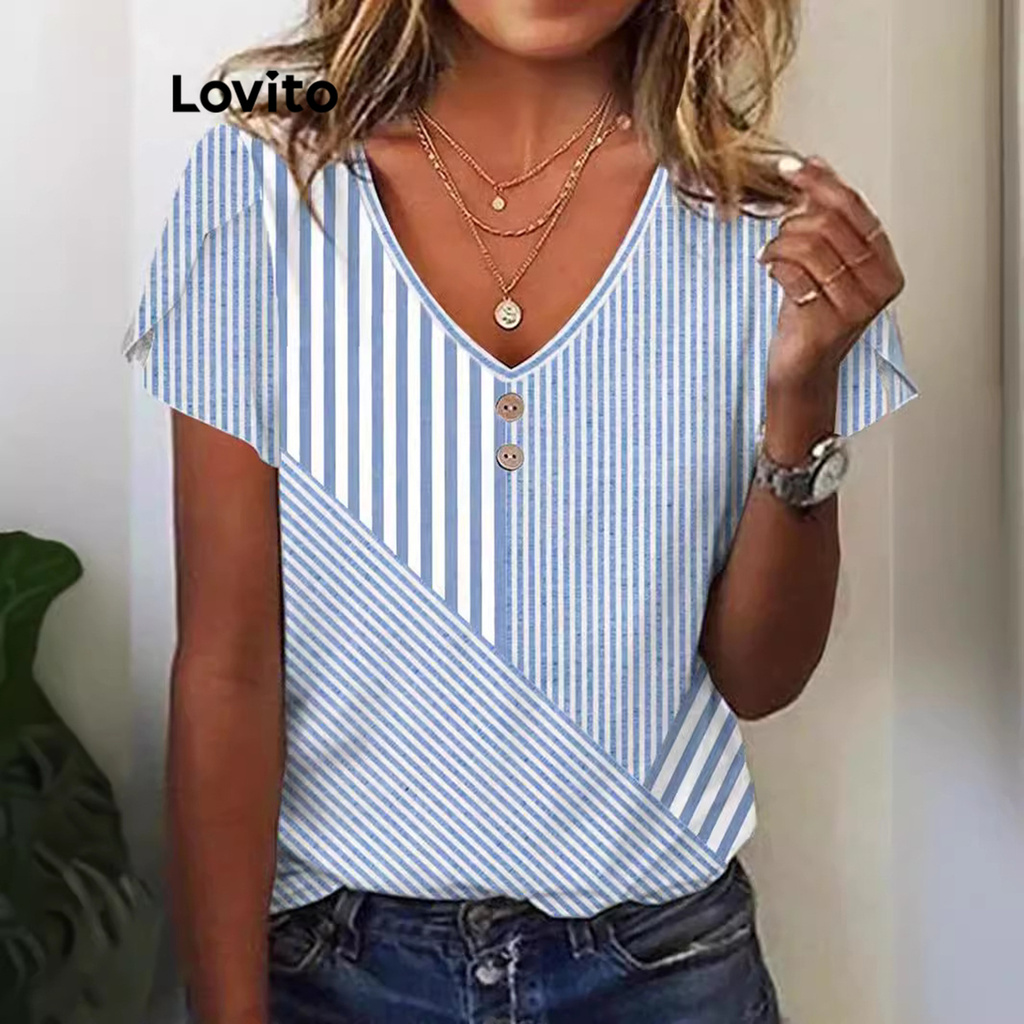 Lovito เสื้อเบลาส์ปุ่ม บล็อกสี ลายทางลำลองสำหรับผู้หญิง LNL77022