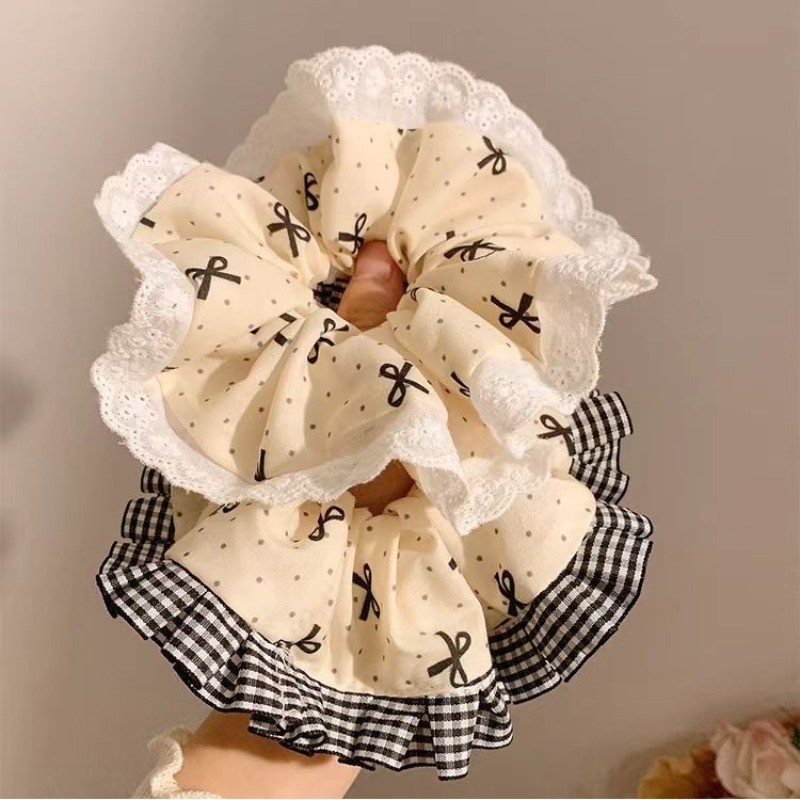 2024 สไตล์บัลเล่ต์ Bow Lace Scrunchy Hair Hoop ครีมคาดศีรษะ