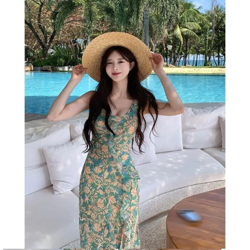 เดรสสีเขียว ชุดเดรส ราตรี ออกงาน เรียบหรู น่ารัก เดรส แขนกุด แฟชั่น เปิดหลัง คล้องคอ ไปทะเล ดอกไม้ ผู้หญิง xxl