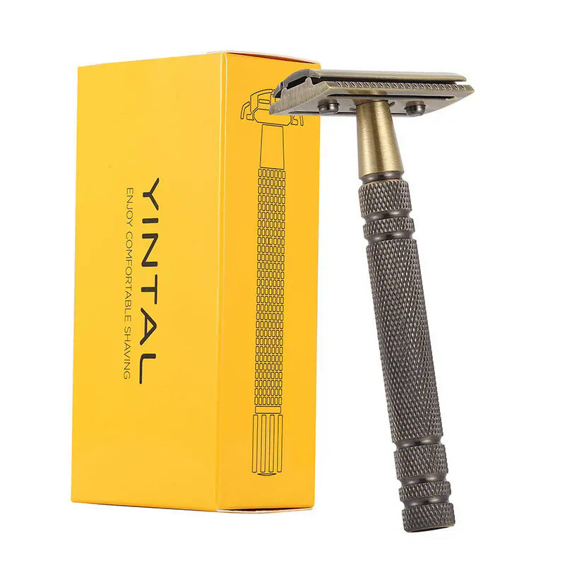 YINTAL Men's Bronze Classic Double-sided Manual Razor Long Handle Safety Razors Shaving Replaceable 