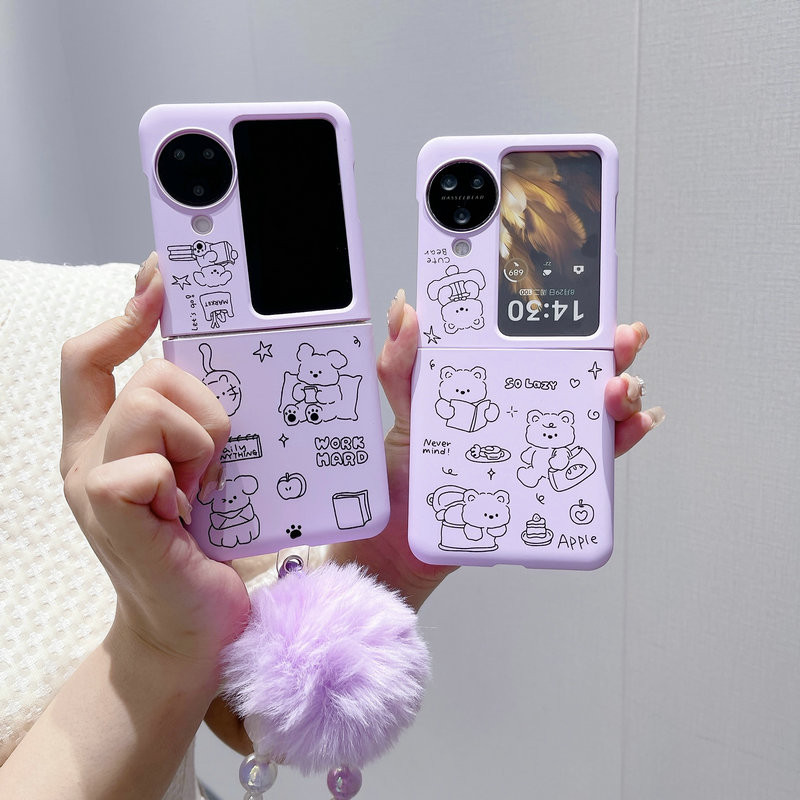 เคสโทรศัพท์แบบพับได้สําหรับ Oppo Find N2 N3 Flip น่ารักสายตุ๊กตาหมีลูกขน Macaron PC Hard tpu เคสโทรศัพท์