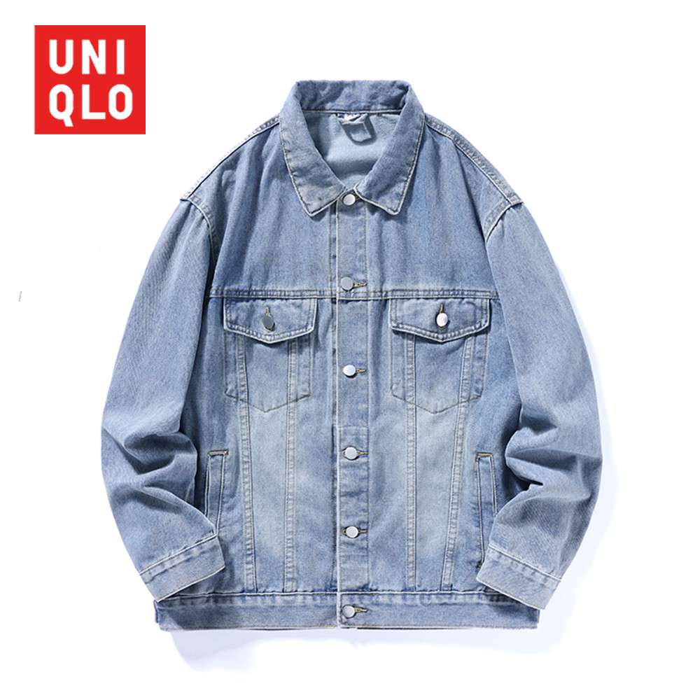 UNIQLO ยูนิโคล่ เสื้อโค้ทยีนส์ผู้ชายย้อนยุคล้างปกเก่าแฟชั่นแจ็คเก็ตยีนส์อเนกประสงค์ผู้ชายและผู้หญิงที่มีท็อปส์ซูวรรคเดียวกัน