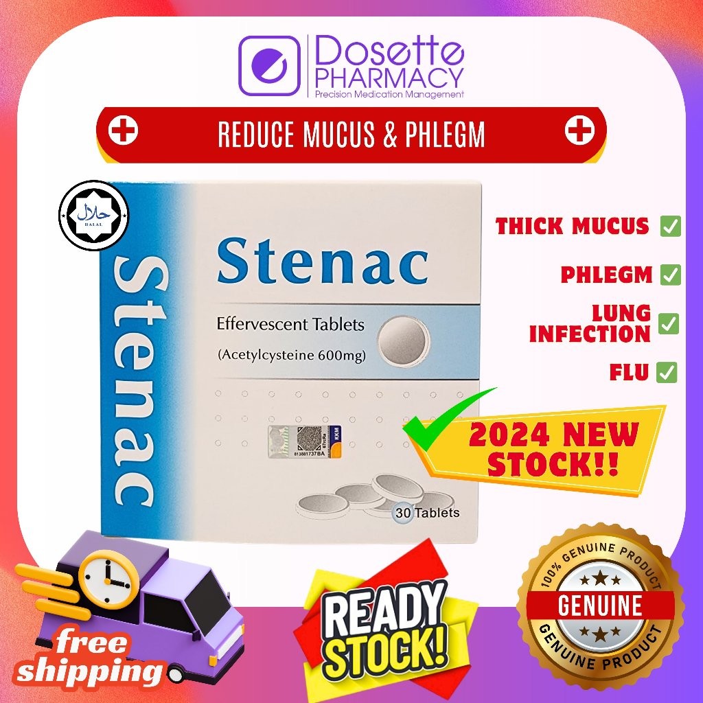 Stenac ACETYL CYSTEINE EFFERVENT 600MG 10s/30s - MUCOLYTIC, FLU, THICK MUCUS, LUNG INFECTION, LENDIR