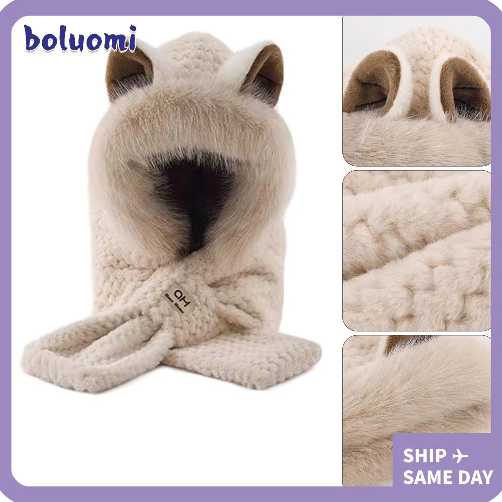 โบลูโอมิแบบบูรณาการหมวกผ้าพันคอ,หมวกบีนนี่หนาอบอุ่น,ฤดูหนาวสบายๆตุ๊กตานุ่มป้องกันหูหมวกสําหรับผู้หญิง