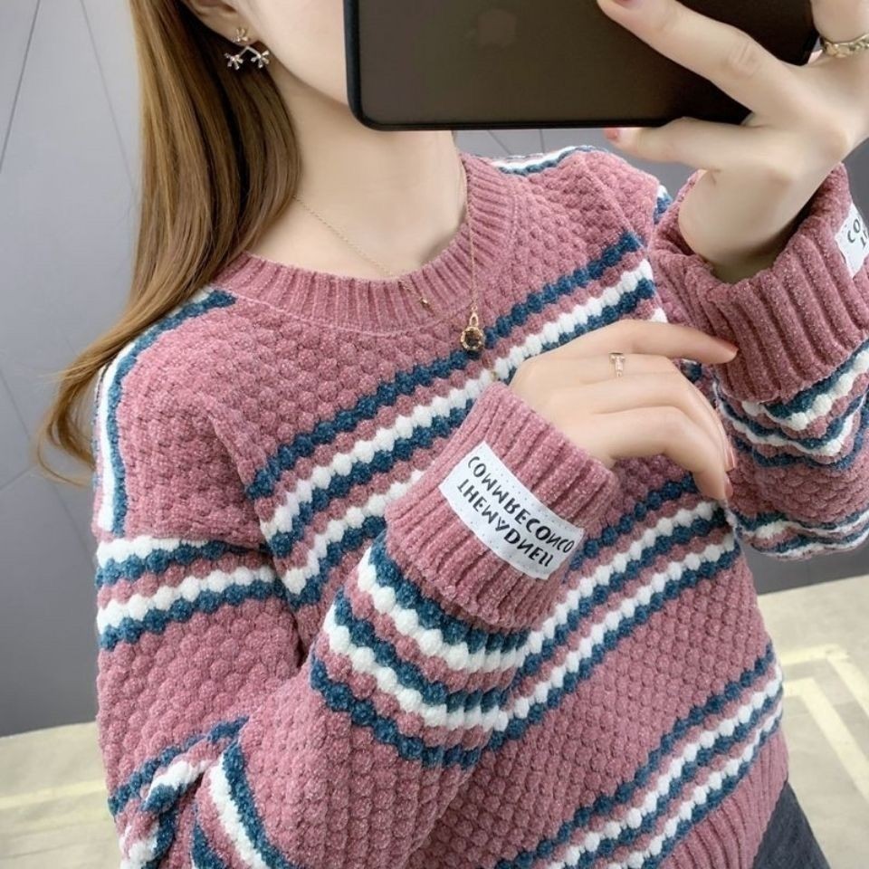 เสื้อกันหนาวเพิ่มความหนาสําหรับผู้หญิงเสื้อสเวตเตอร์สวมหัว เชนิลล์ ผู้หญิงคอกลมทรงหลวมสําหรับฤดูใบไม้ผลิและฤดูใบไม้ร่วงเสื้อสเวตเตอร์ฐานถักสําหรับเ