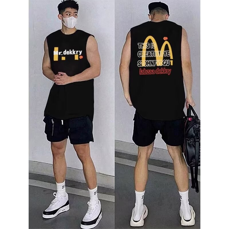 American High Street สไตล์เสื้อกั๊กแขนกุดฤดูร้อน All-Match หลวมผ้าฝ้ายหนักกีฬาเสื้อกั๊กเสื้อยืด