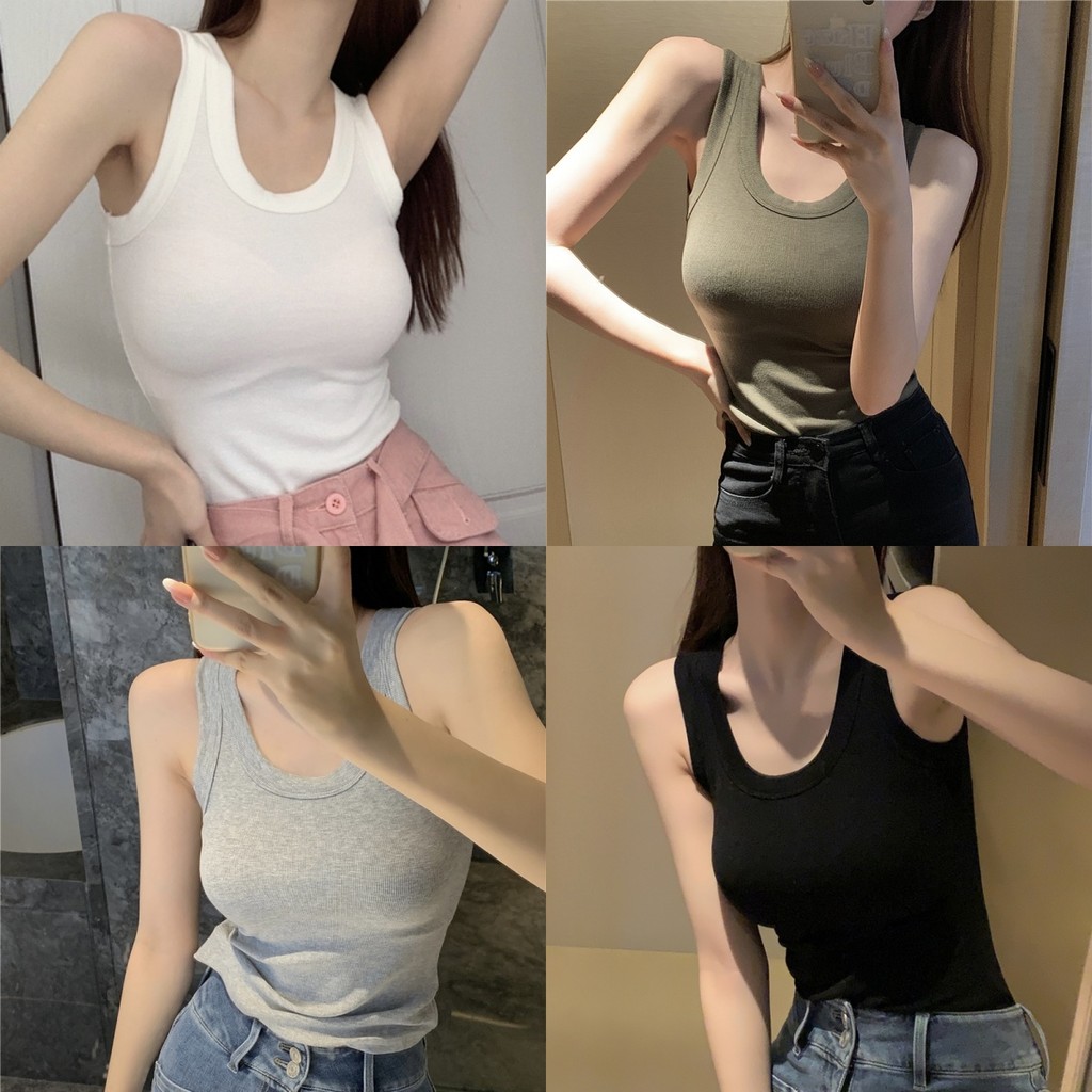 Soroh เสื้อกล้าม สีพื้น คอกลม แขนกุด มีฟองน้ำ เข้ารูป เสื้อครอป สไตล์ลำลอง ใส่สบาย #FY9078
