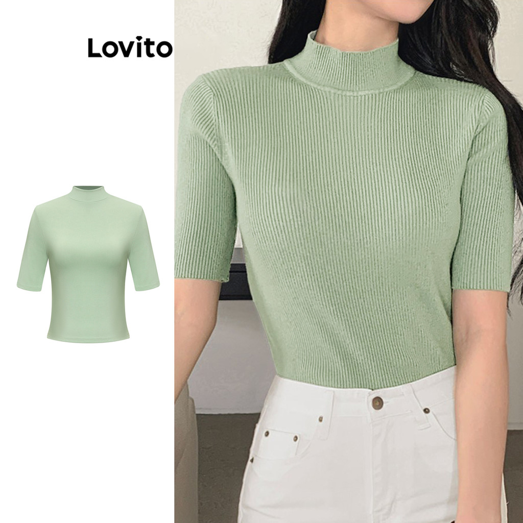 Lovito เสื้อยืดผ้าถักซี่โครงธรรมดาหรูหราสำหรับผู้หญิง L105MD685