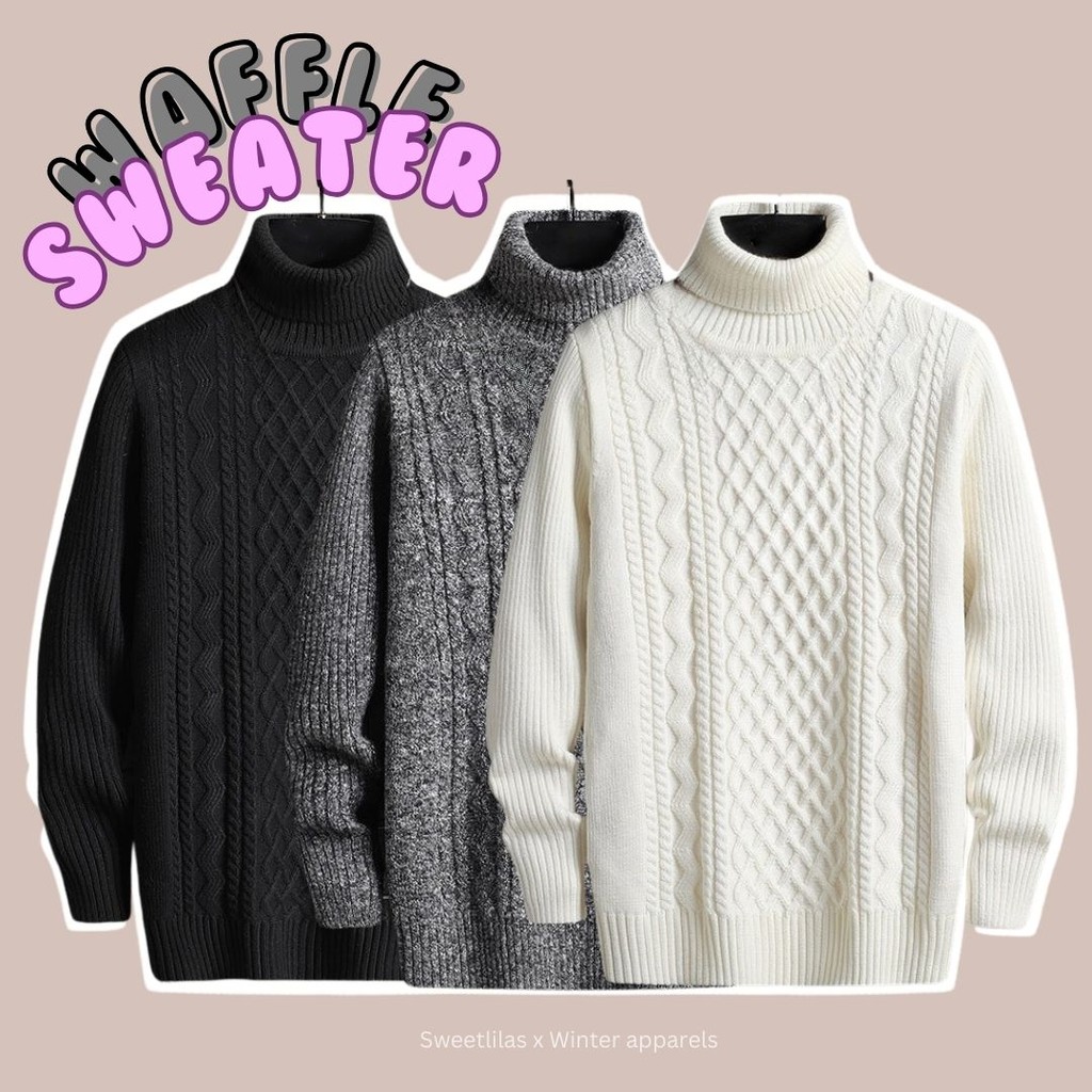 Waffle Swaeater -เสื้อคอเต่าไหมพรมกันหนาวถักลายสวย Unisex ชาย-หญิง