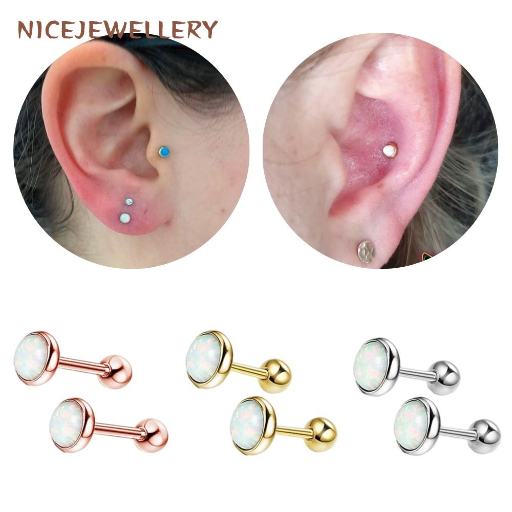 1 ชิ้นสีขาวโอปอลหูสตั๊ดความไวต่ํา Tragus Helix เจาะความหนา 1.2 มม.สแตนเลสสตีลหูต่างหู