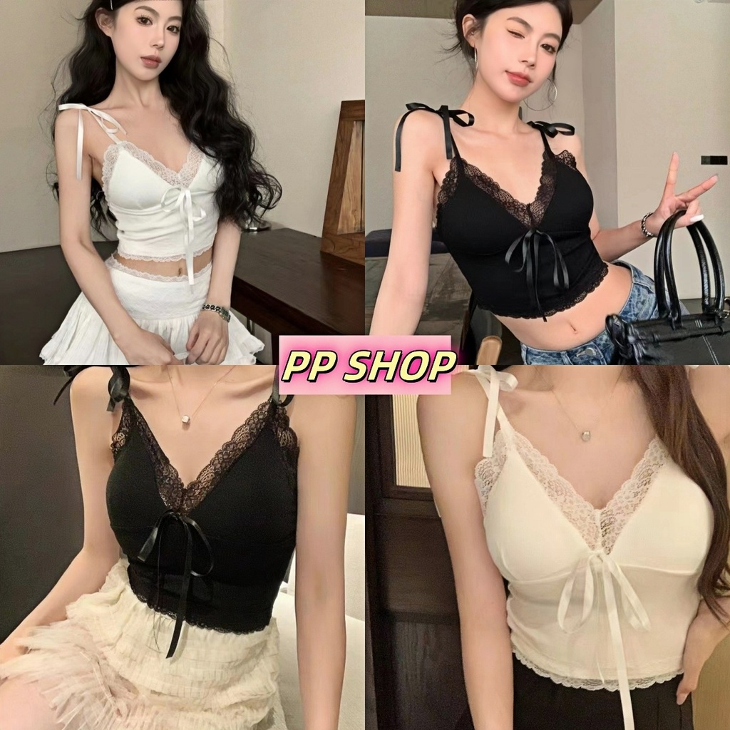 PP Shop​​ ​พร้อมส่ง เสื้อกล้ามเซ็กซี่ ใส่สบาย ทรงสวย มีฟองน้ำ เสื้อครอป แต่งลูกไม้ผูกโบว์น่ารัก#FY2298