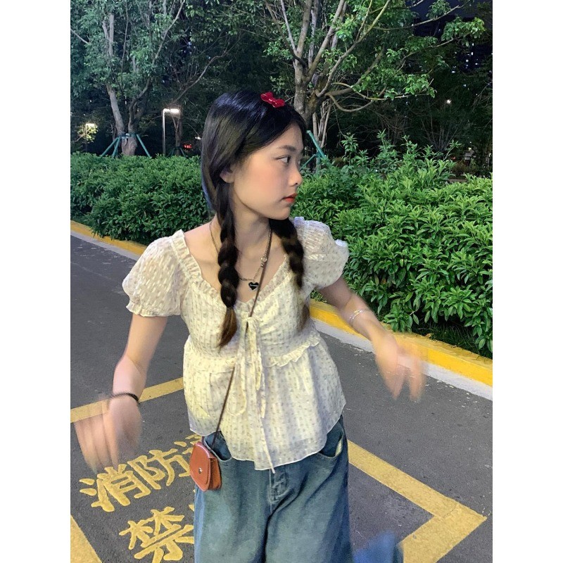 Micki~เสื้อเชิ้ตแขนพอง คอสี่เหลี่ยม ผ้าชีฟอง สไตล์ฝรั่งเศส แฟชั่นฤดูร้อน สําหรับผู้หญิง