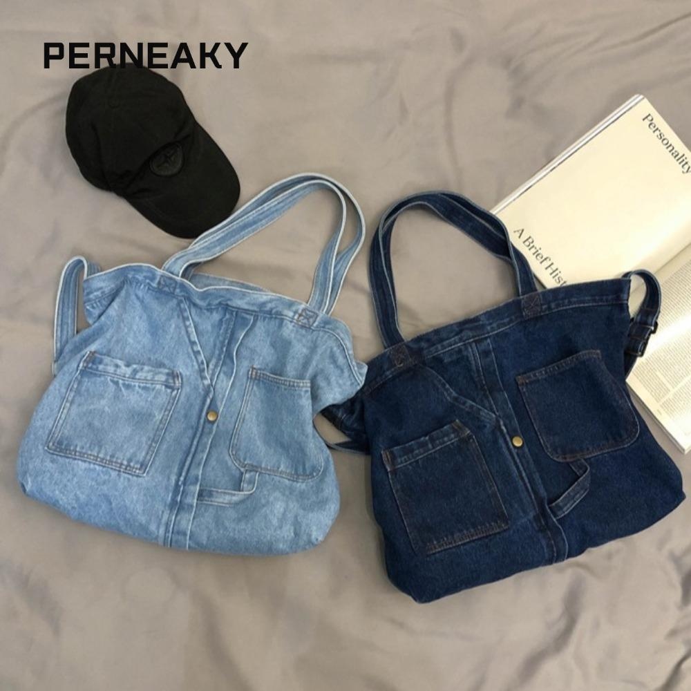 Perneaky กระเป๋าถือลําลอง, กระเป๋าโท้ทซิปสีน้ําเงิน, กระเป๋าสะพายทรงสี่เหลี่ยมผ้าเดนิมคุณภาพสูง