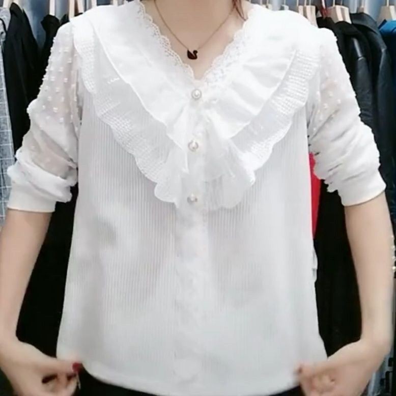 เสื้อแฟชั่นลูกไม้คอวีหลวมชีฟองแขนยาวแฟชั่นด้านบน