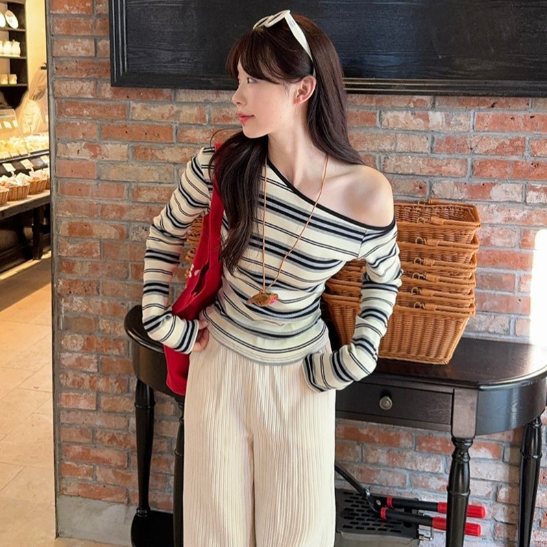【WJZ】เสื้อแขนยาวลายทางดีไซน์เปิดไหล่ที่ทันสมัยและเซ็กซี่ของผู้หญิง【6950】
