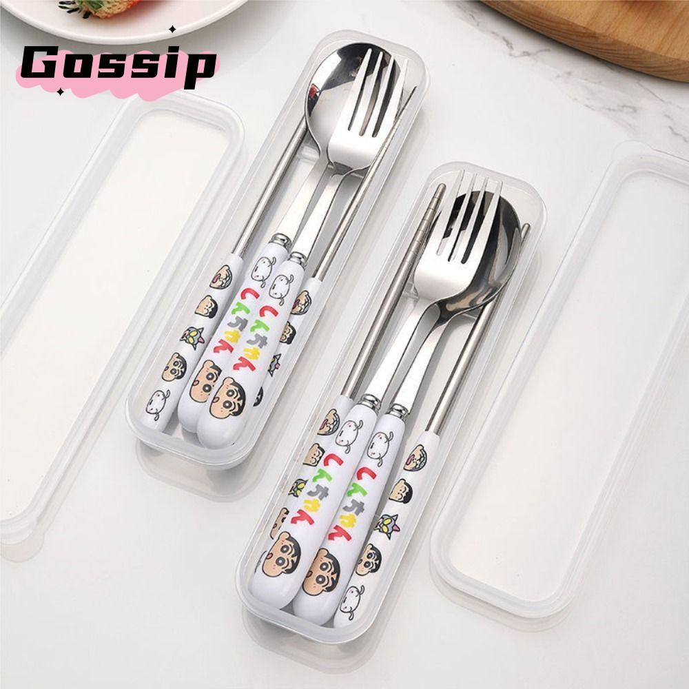 Gossip ช้อนสแตนเลส 1/3/4 ชิ้น, ชุดช้อนส้อมเครยอนชินจังการ์ตูนแบบพกพา, เครื่องใช้บนโต๊ะอาหารเรียบง่าย