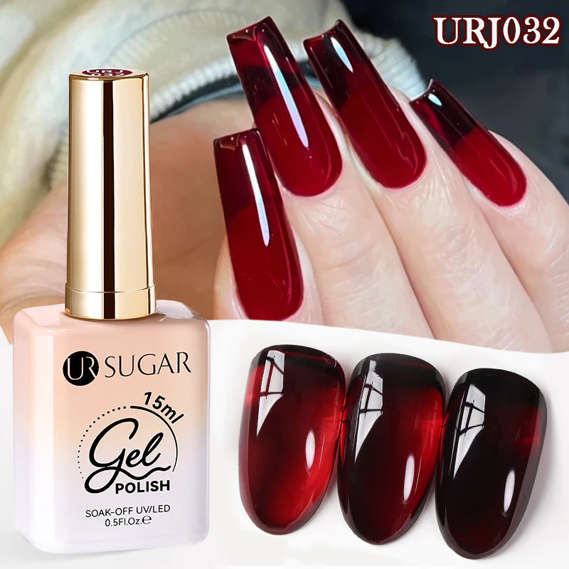【Local】UR SUGAR 15ml Jelly Red Gel Polish Wine Red โปร่งแสงกึ่งถาวร UV Gel Nail Art Soak Off Gel วานิช