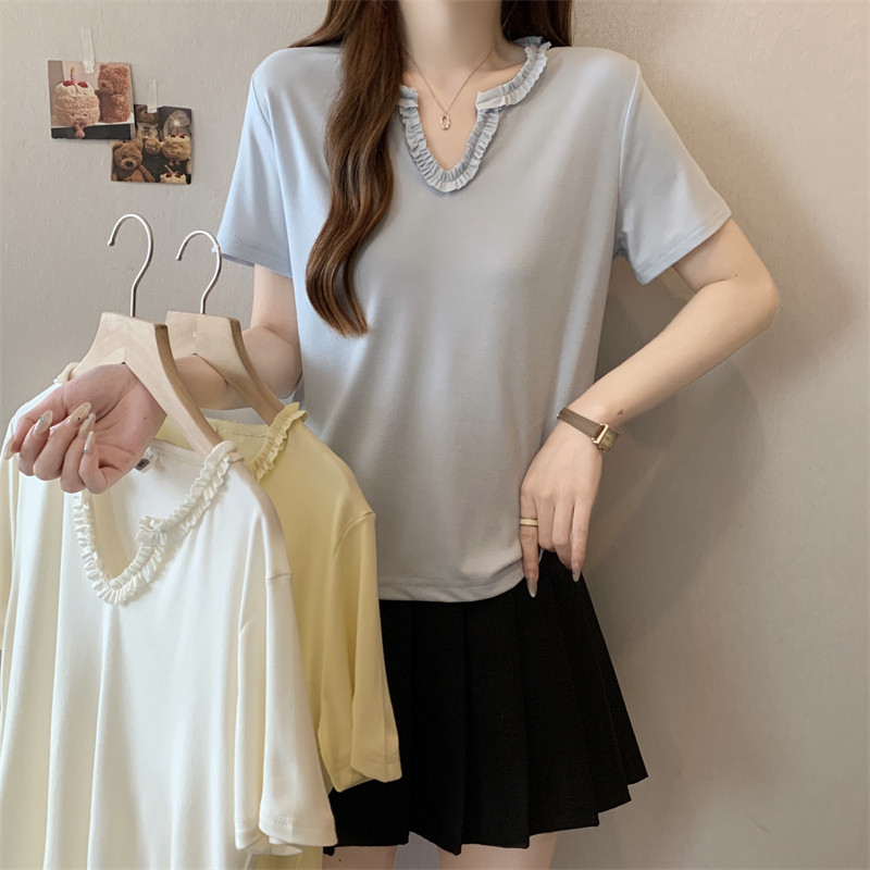 ขนาดใหญ่ขนาดฤดูร้อนลูกไม้สองชั้นคอปกแขนสั้นเสื้อยืดไขมันมม.Slim-Fit SlimmerดูหวานAll-Matchด้านหน้าไห