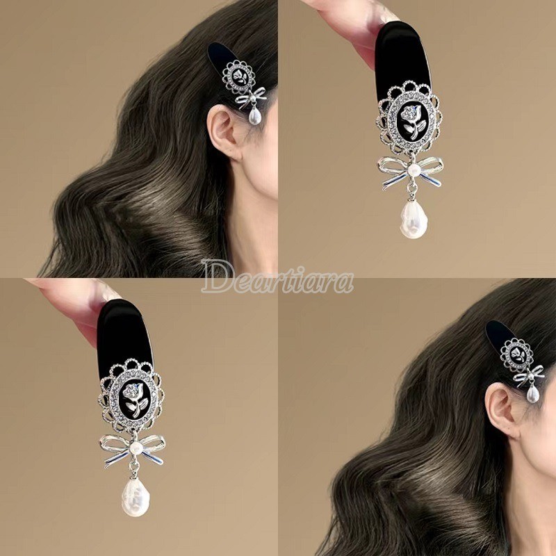 Retro Diamond Studded พู่กิ๊บรูปไข่ โลหะRose Pearl สำหรับหญิง คลิปด้านข้างและอุปกรณ์เสริมคาดศีรษะ