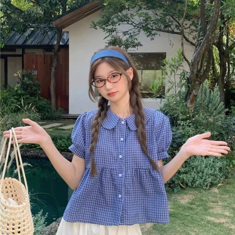 LINNA~Xตาหมากรุก ประกบ แขนสั้น เสื้อเชิ้ต เวอร์ชั่นเกาหลี สไตล์ใหม่ สไตล์หวาน