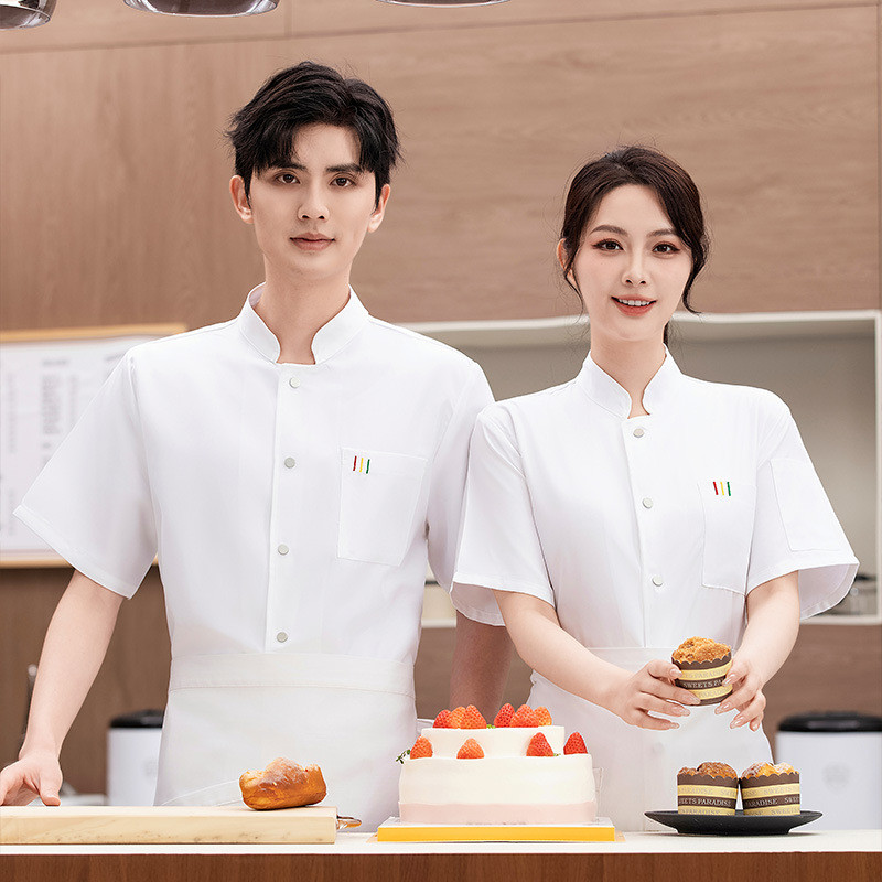 เสื้อผ้าเชฟบางแขนสั้นระบายอากาศโรงแรม Catering Cafe ห้องครัวเสื้อผ้าทํางานผู้ชายเบเกอรี่เสื้อผ้าผู้ห