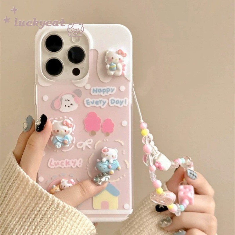 เข้ากันได้กับ iPhone 16 15 14 13 12 11 Pro Max X Xr Xs Max 7 8 Plus SE2020 เคสโทรศัพท์ Ins น่ารัก Four KT Cat + LanyardSoft ฝาหลัง