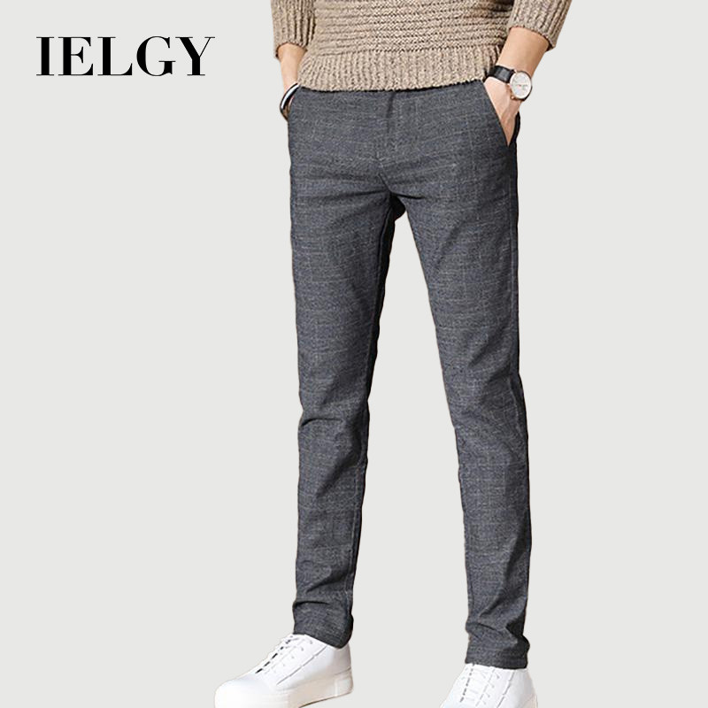IELGY กางเกงลําลองผู้ชายผ้าฝ้ายและผ้าลินินยืดทุกการแข่งขันขนาดเล็กตรงกางเกงสลิมเทรนด์เกาหลีกางเกงขายาวลําลอง