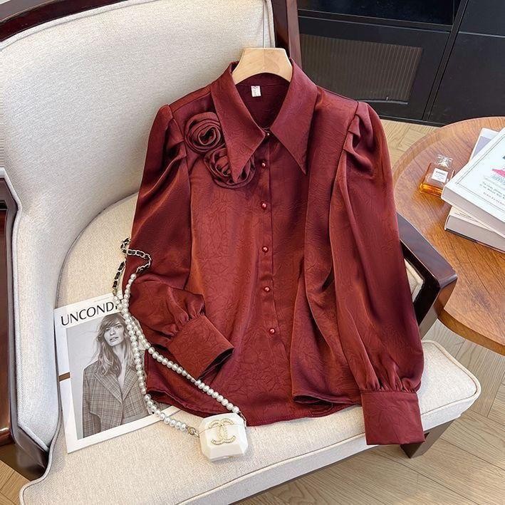 ohho เสื้อเชิ้ต คอปก ดอกไม้ คอวี สำหรับผู้หญิง คอลเลคชั่นฤดูใบไม้ผลิและฤดูใบไม้ร่วงปี 2025 มาใหม่ แขนยาว สไตล์ฟอง #99101