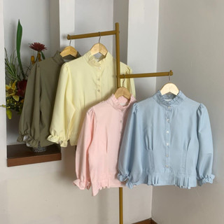 Ready Stock | Atasan Wanita Blouse dengan Kerah Rempel dan Lengan Balon | Baju Lengan Panjang Kasual | Pakaian Wanita Modis | Fashion Wanita Gaya Korea | Atasan Wanita Warna Kuning, Pink, Biru Muda, Olive | Original By Asaya Classic