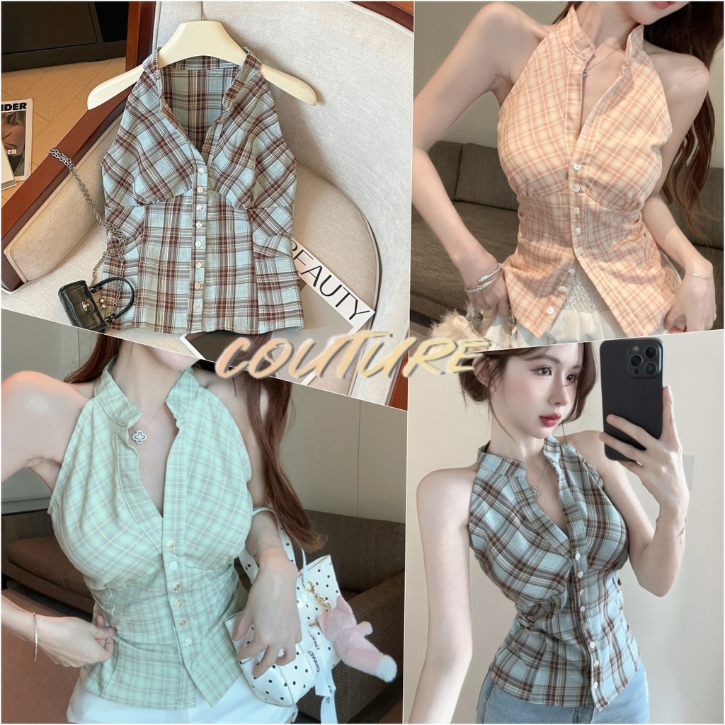 Couture (ส่งจากกรุงเทพฯ)เสื้อครอปสก็อตแขนกุด กระดุมหน้าโอเวอร์ไซส์ ไซส์ S-3XL ใส่สบายสไตล์สตรีท