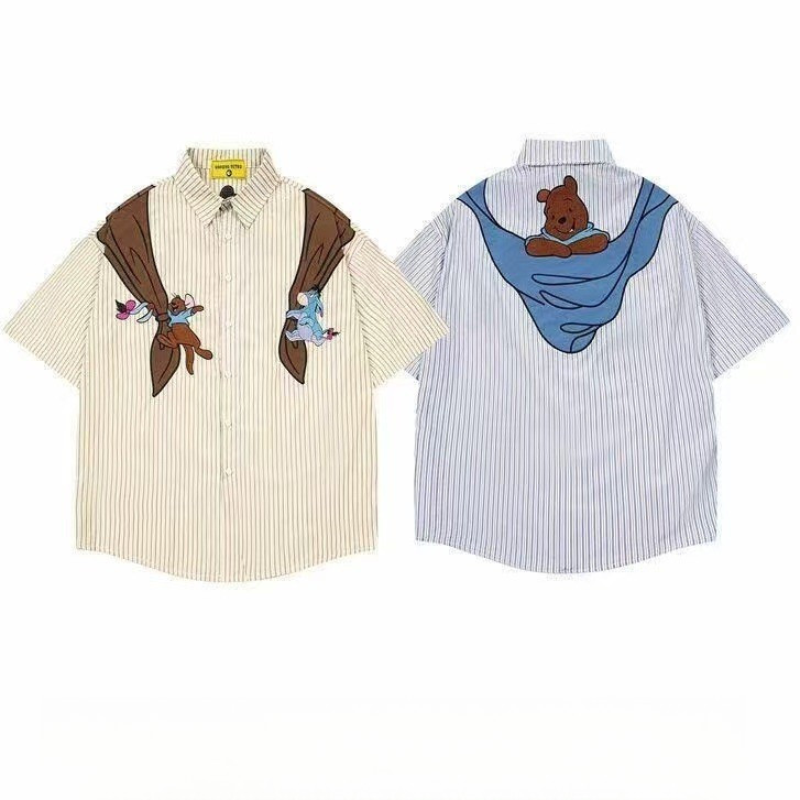 เสื้อเชิ้ตแขนสั้นพิมพ์ลายการ์ตูนหมีวินเทจฤดูร้อน Retro สนุกทรงหลวม