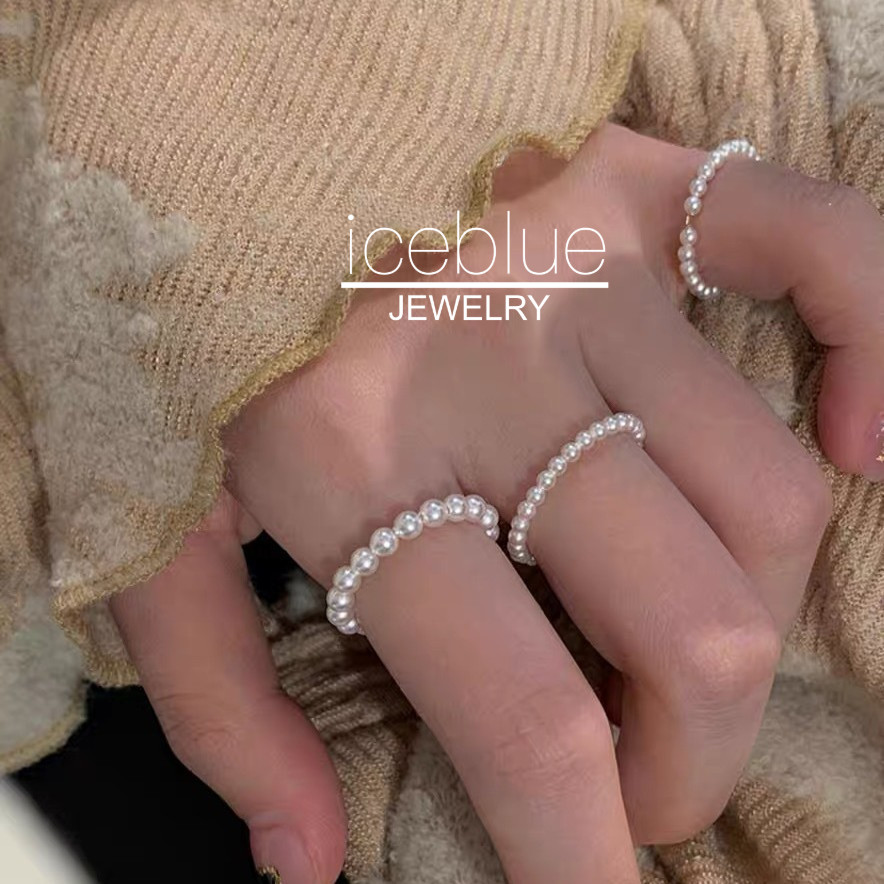 【iceblue】แหวนสวารอฟสกี้ไข่มุก ไม่ซีดจาง ชุบทอง14K บางเบา ยืดหยุ่นได้ กันน้ำ แฟชั่นผู้หญิง R50