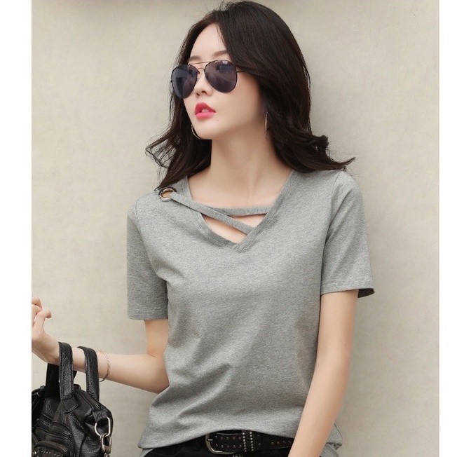 NINGFASHION เสื้อยืดเเขนสั้นสีพื้นผู้หญิง เสื้อแฟชั่นผู้หญิง รุ่น 978
