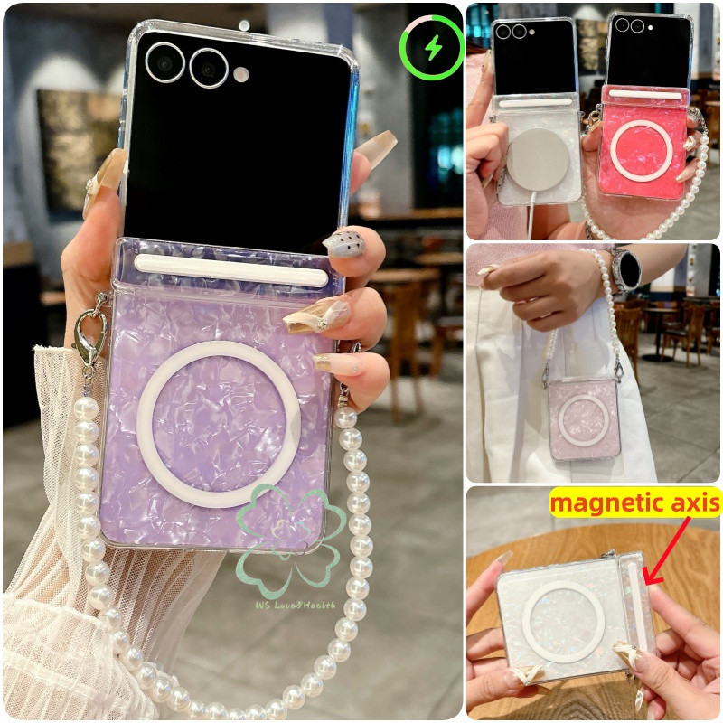SAMSUNG รูปแบบเปลือกแม่เหล็กบานพับอัตโนมัติเคสโทรศัพท์สําหรับ ซัมซุง กาแลคซี z พลิก7 z พลิก6 7เฟ z พลิก5ปลอกด้วยลูกปัดข้อมือโซ่ปกหลัง