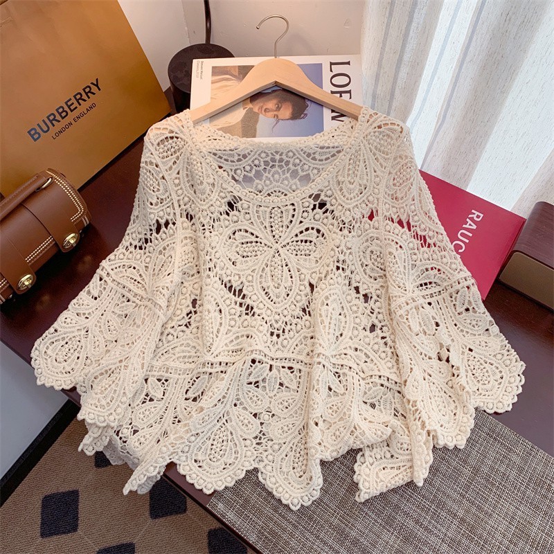 เสื้อผ้าผู้หญิงขนาดบวกไขมันมม.ฤดูร้อนสไตล์ใหม่ลูกไม้กลวงโครเชต์สามแขนเสื้อ