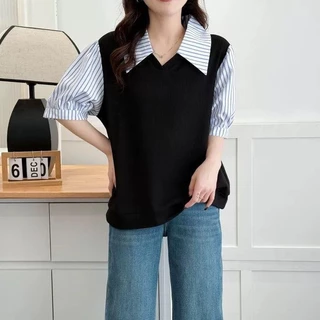 [เสื้อโอเวอร์ไซส์] (40-150กิโลกรัม) ฤดูร้อนสองชิ้นลายเสื้อโปโลคอปกขนาดบวกแขนสั้นชุดลําลองผู้หญิงเสื้อ