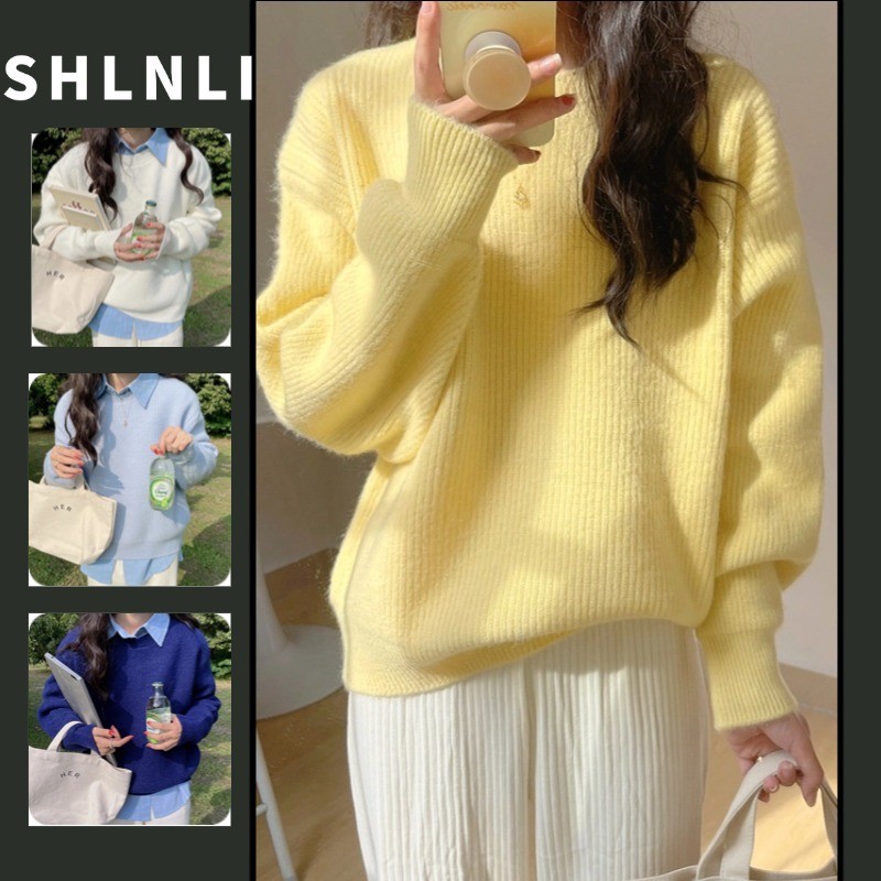 สไตล์เกาหลีสีทึบแขนยาวถักเสื้อกันหนาวฤดูใบไม้ร่วงและฤดูหนาวผู้หญิงสไตล์ขี้เกียจหลวมและ การทําตัวให้ผอม เสื้อสเวตเตอร์ถัก