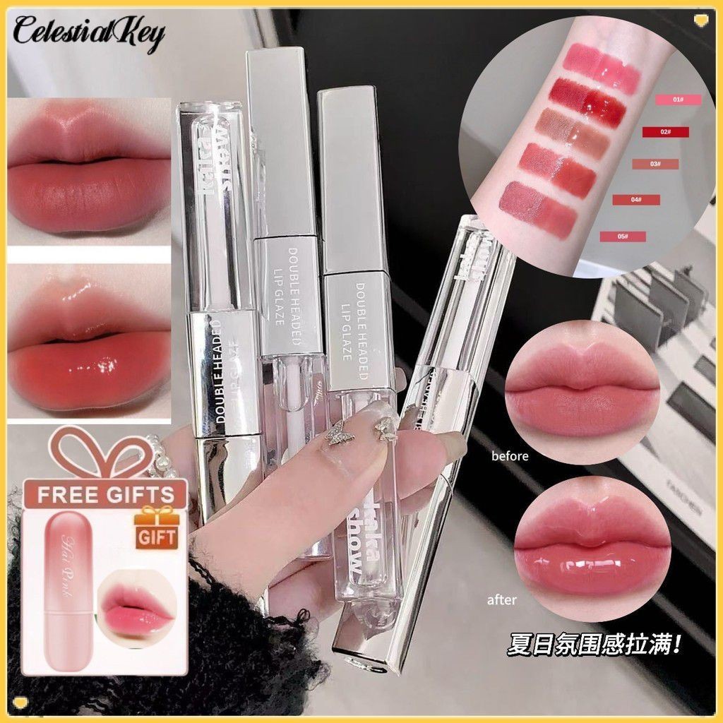 【มีสินค้า】 【ของขวัญฟรี】kakashow ลิปกลอสเนื้อกำมะหยี่แบบ 2 หัว 2 ชั้น พร้อมกระจกกันแสง 48 ชั่วโมง ลิป