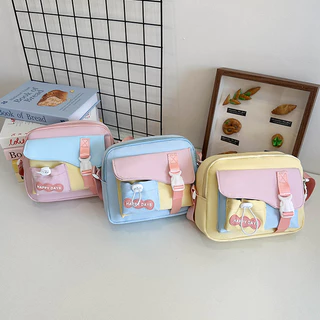 (มีส่งด่วน) ifashionbag(IF2447) กระเป๋าสะพายข้างใบเล็ก ผ้าแคนวาสสีทรูโทน ขนาด10นิ้ว