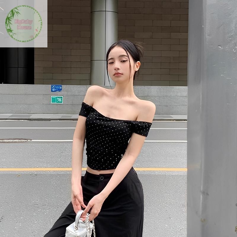 BigBabyHouse เสื้อยืดสายเดี่ยวลายจุดเพชรสำหรับผู้หญิง ออกแบบสไตล์เรโทร สวมสบายในหน้าร้อน