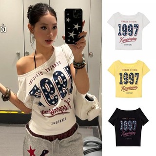 SmartCheckout Asymmetrical Shoulder T-shirt for Women Retro Oversized Printed Streetwear Tops 2710