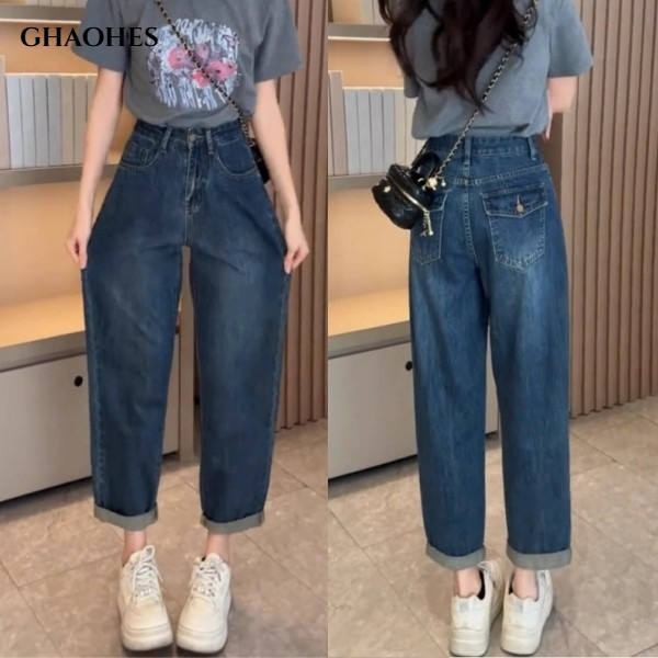 GHAOHES กางเกงยีนส์กระบอกตรง9ส่วน สีน้ำเงินเข้ม #6629