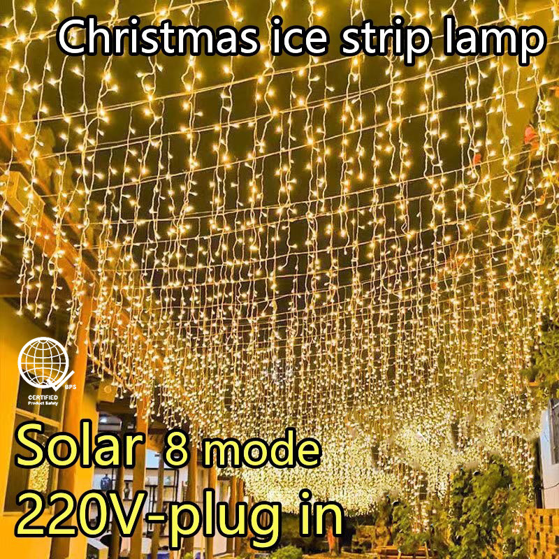 พร้อมสต็อก ไฟ LED Icicle น้ําตก Fairy String ผ้าม่านไฟ Garland กลางแจ้งคริสต์มาสงานแต่งงานเทศกาลตกแต่ง hysan พลังงานแสงอาทิตย์ Icicle String ผ้าม่านไฟ 220 V สวน