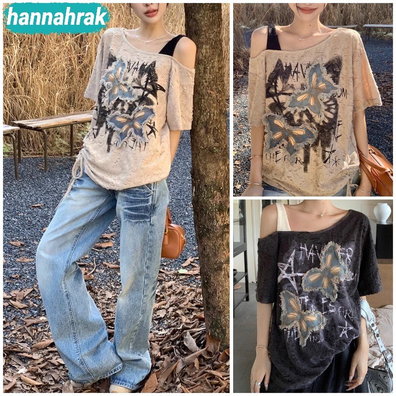 (ส่งจากกรุงเทพฯ)ผู้หญิง เสื้อขาด ผ้าฝ้าย เสื้อท่อนบน เสื้อเปิดไหล่ ผีเสื้อ พิมพ์ลาย ปักลาย เสื้อยืด สไตล์เกาหลี