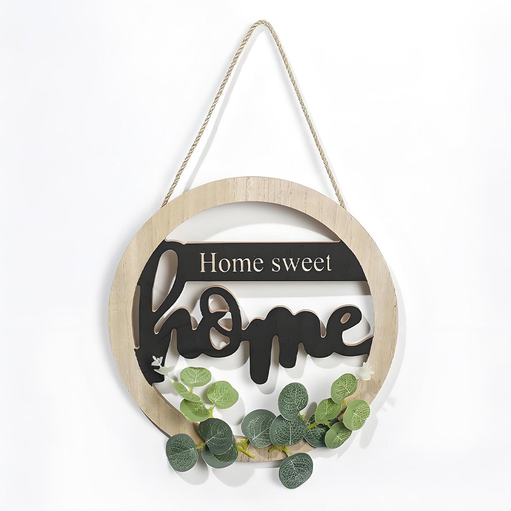 ป้ายยินดีต้อนรับไม้ทรงกลม, Home Sweet Home Wall Decor with Greenery, 12x12 นิ้ว, สไตล์ Farmhouse