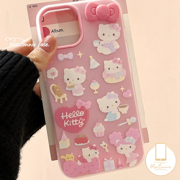 Kitty Cake Bear Ice Cream Love Heart Tag 3D Bow Case สําหรับ IPhone 16 16E 13 15 14 12 11 Pro Max XR