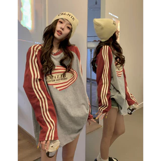 Solovely M-2XL ผู้หญิง สไตล์เกาหลี ลำลอง หลวม เสื้อตัวบน ลายทาง บล็อกสี พิมพ์ลาย แขนยาว เสื้อสเวตเชิ้ต